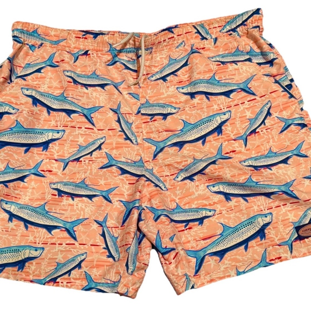 Men’s Vineyard Vines Fish Print Swim Trunks - Coral and Teal sz Medium